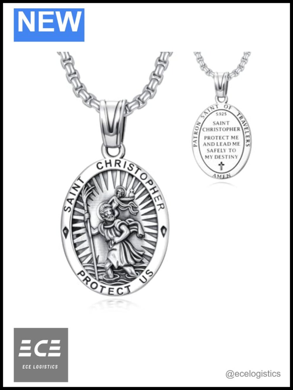 Sterling Silver Saint Christopher Medal Necklace Catholic Pendant 22"